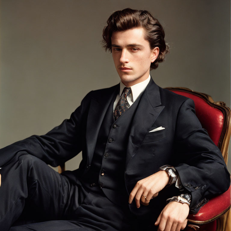 Elegant man in dark suit sitting in vintage chair