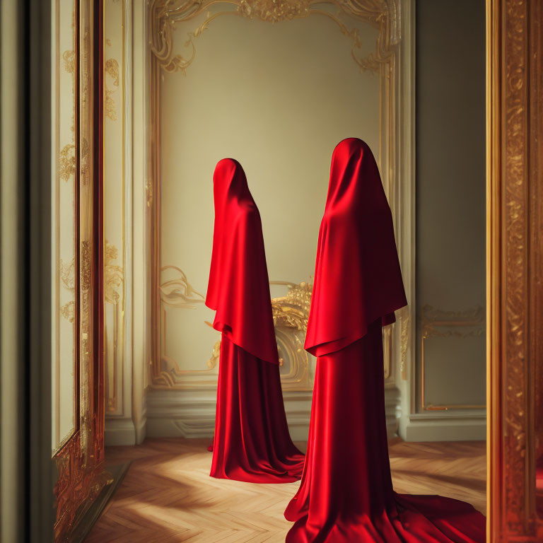 Red draped figures in opulent room with gold-trimmed walls & parquet floor