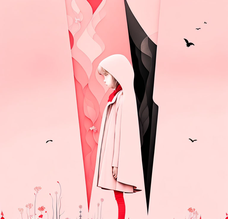 Stylized illustration of girl in red hood and leggings amid pink and black abstract backgrounds with birds and