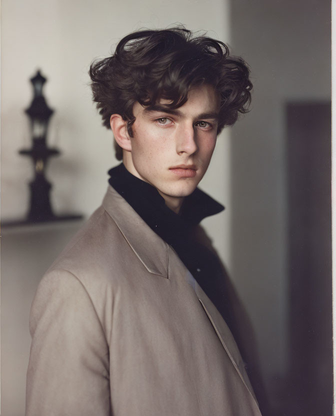 Young man with curly hair in beige jacket and black turtleneck portrait.