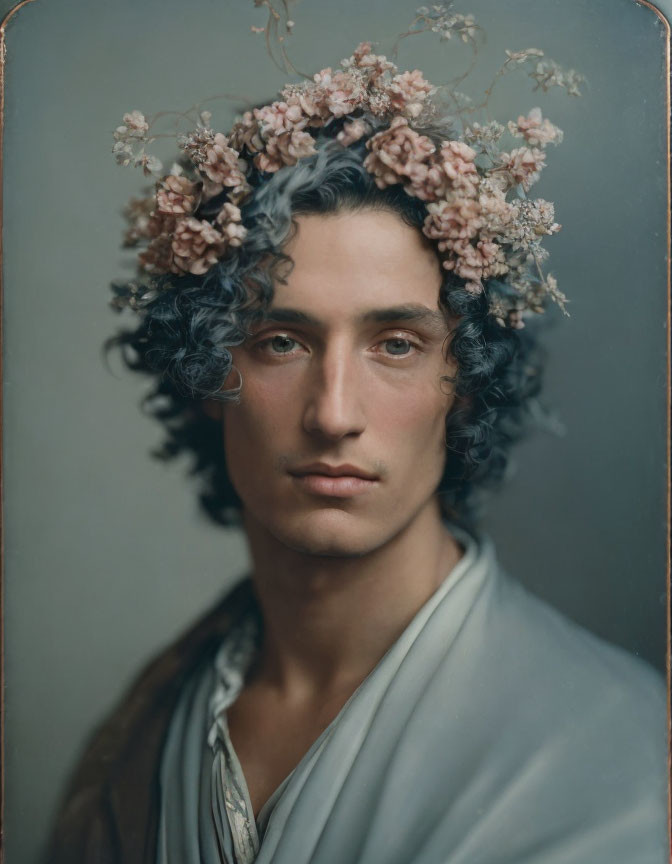 Wavy blue hair person in floral crown and blue garment with contemplative expression