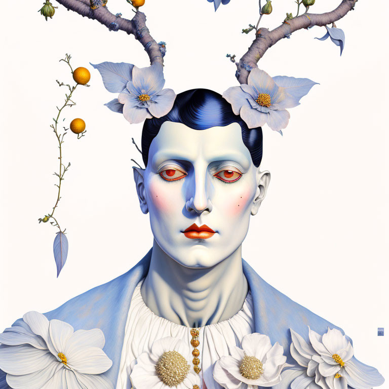 Surreal portrait with floral elements and striking contrast