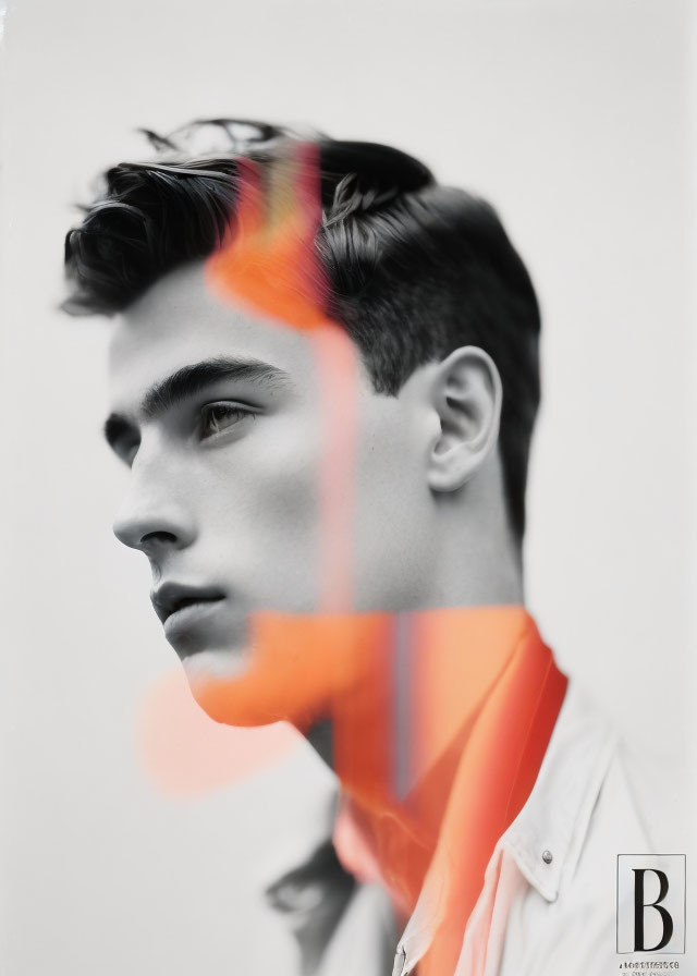 Young man's profile with partial double exposure effect and colorful blur.