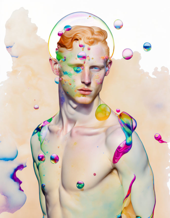 Colorful Paint Splatters Enhance Pale Skin Portrait amid Iridescent Bubbles