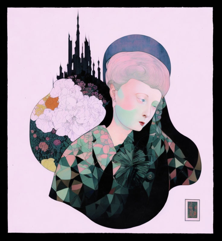 Woman with patterned elements and castle silhouette in pastel colors