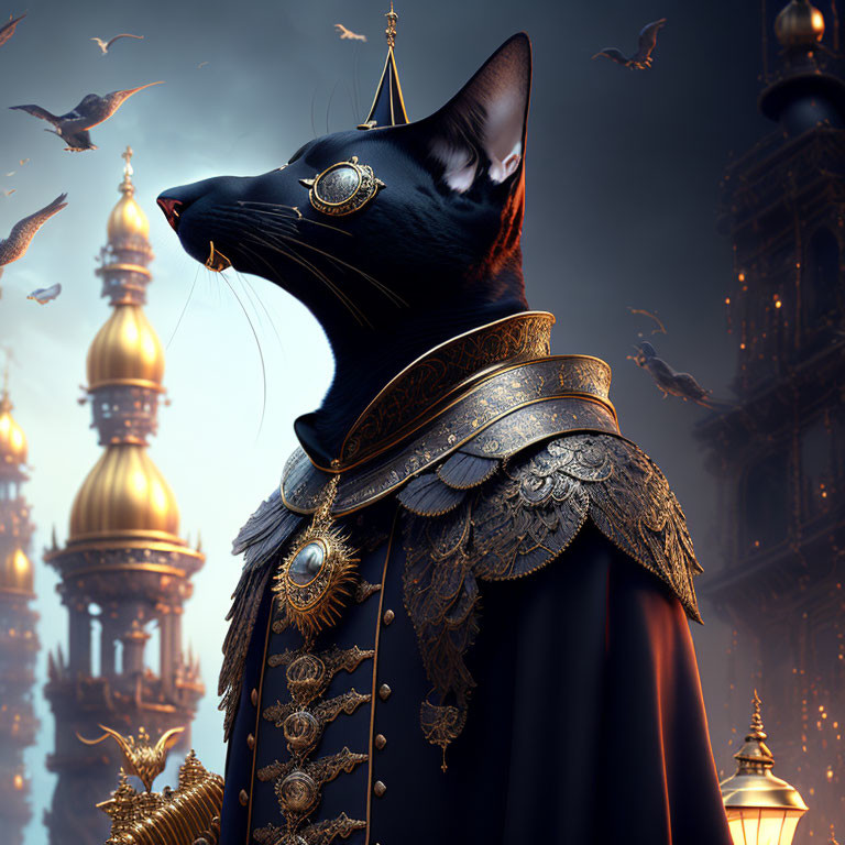 Regal black cat in ornate attire with mystical Eastern towers