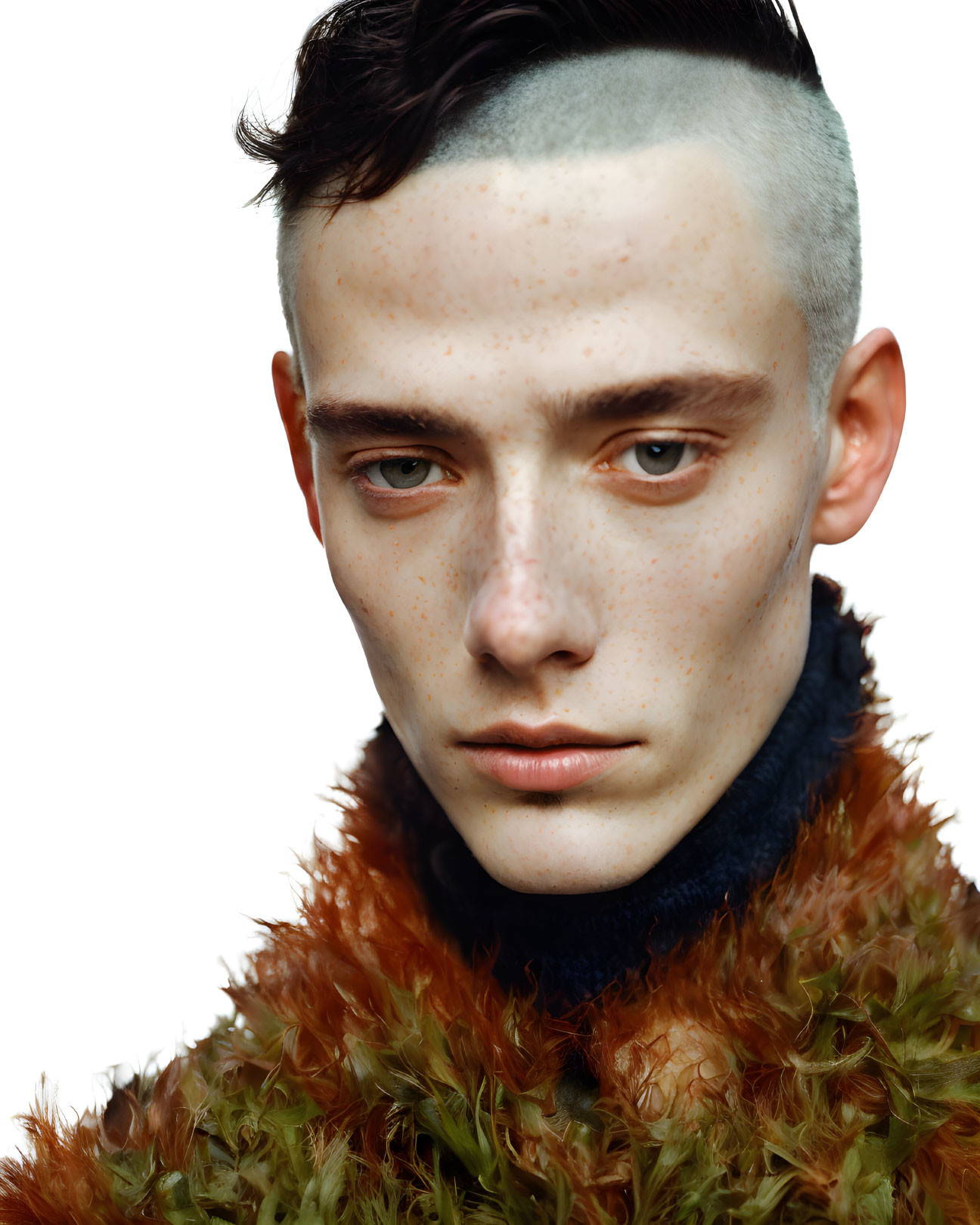 Young male with buzz cut in orange feathered outfit gazes sideways