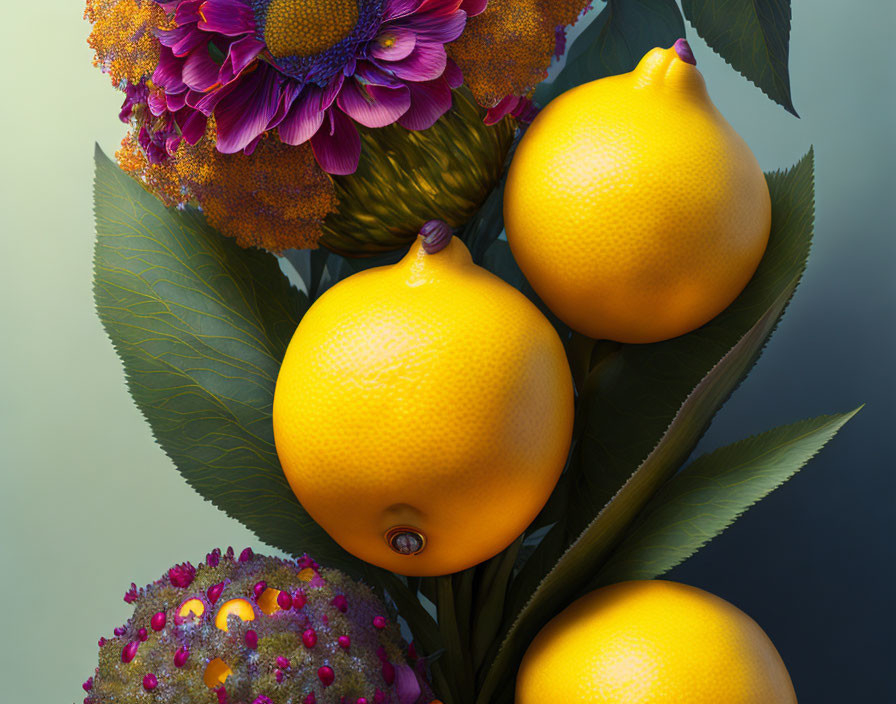 Colorful still life with lemons, flowers, and leaves on muted backdrop