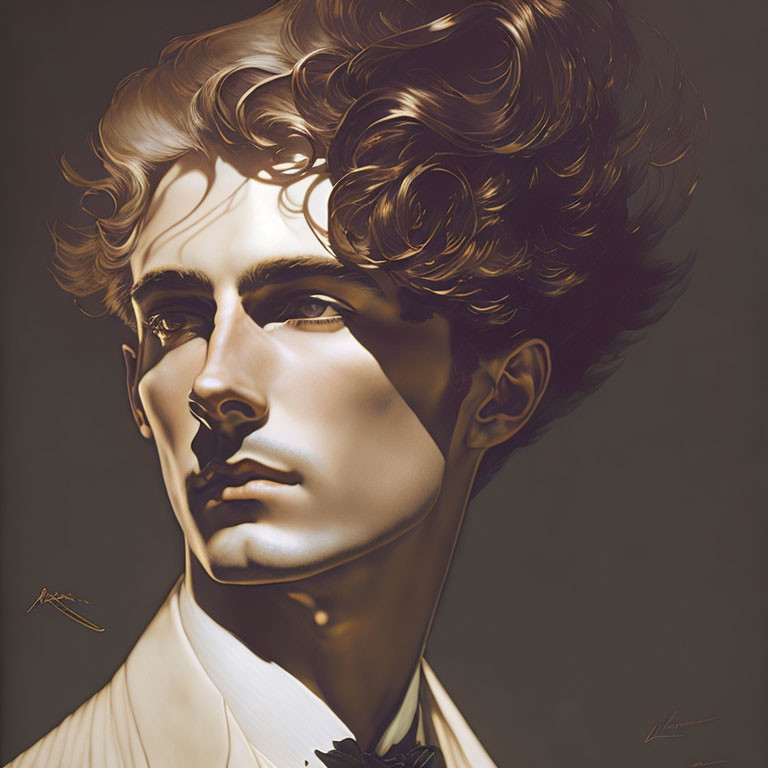 Digital portrait of a person with curly hair and bow tie in warm lighting