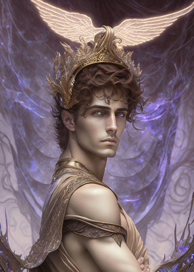 Male Figure with Angelic Wings & Golden Crown in Ornate Armor on Swirling Purple Background