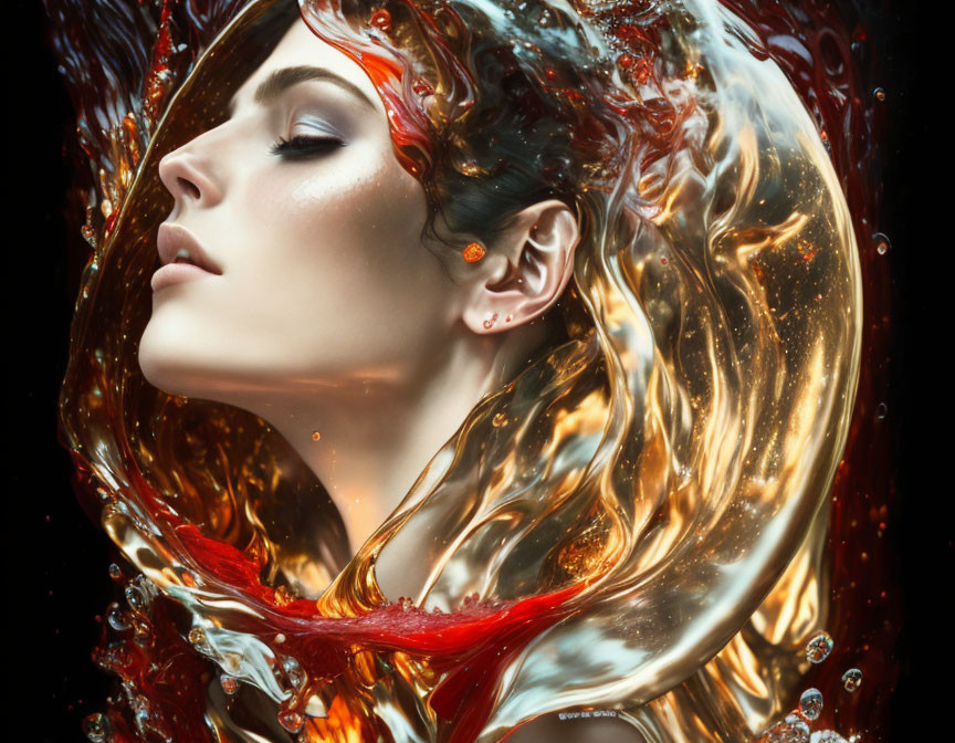 Profile View Woman's Face Surrounded by Swirling Red and Gold Water