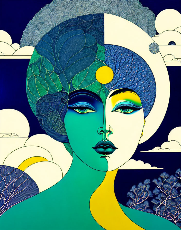 Blue-skinned female face in night scene with crescent moon, clouds, and trees