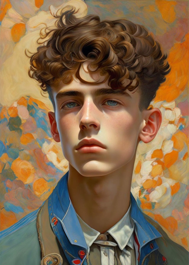 Young man with curly hair and blue eyes in impressionist-style portrait.