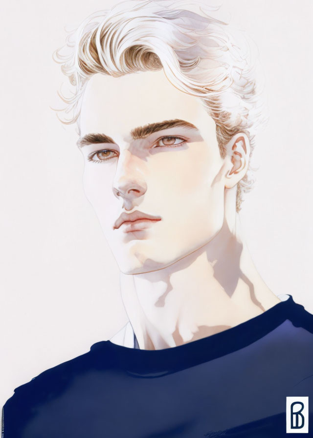 Illustration of young man with blond wavy hair and blue eyes in dark blue top