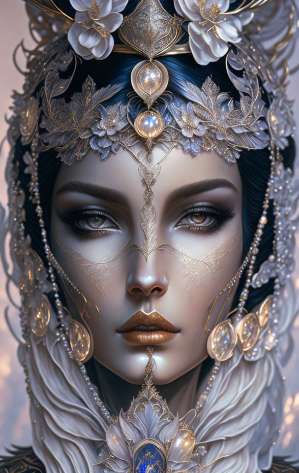 Fantasy portrait of woman in ornate headgear with delicate facial adornments