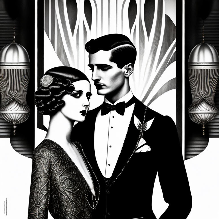 Monochromatic Art Deco Style Illustration of Elegant Couple