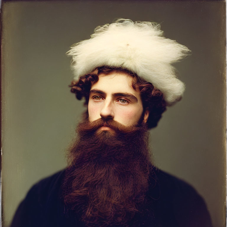 Bearded man in white fluffy hat with intense gaze