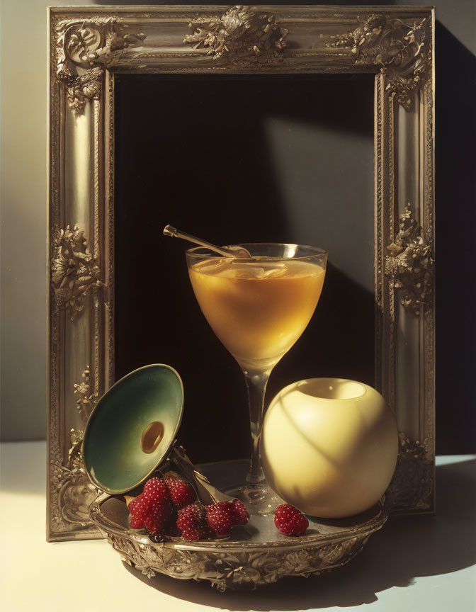 Cocktail martini glass with raspberries, candle, jewel case, and ornate frame.