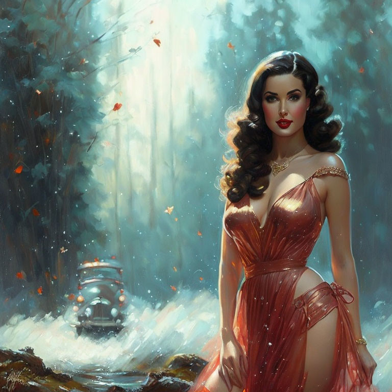 Woman in vintage red dress in sunlit forest with lantern and fluttering leaves