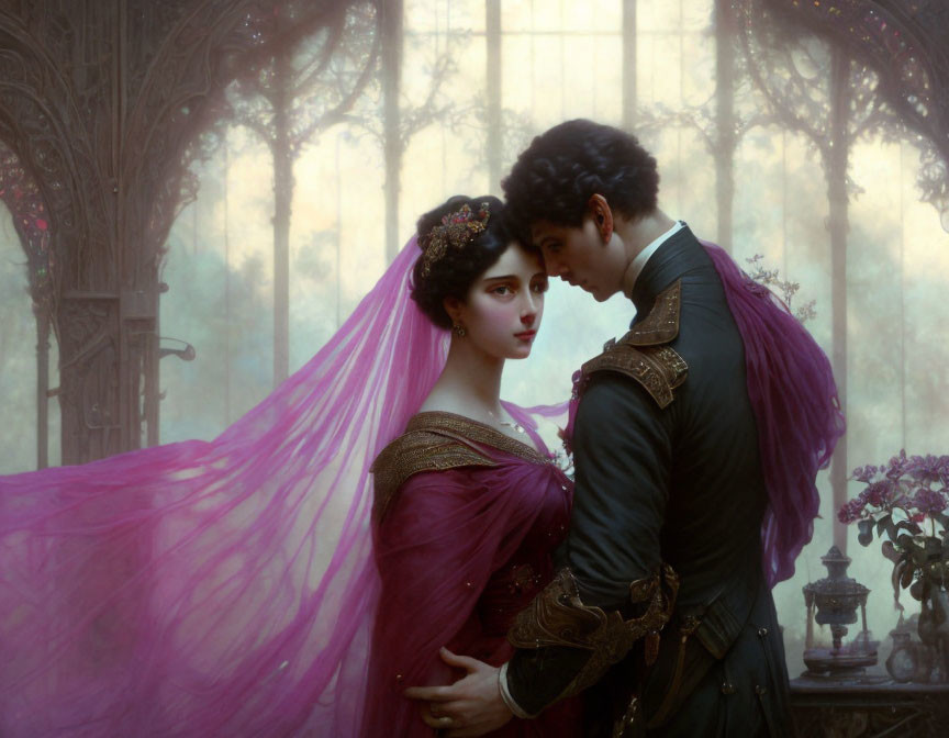 Romantic embrace: woman in purple dress and veil with man in military uniform at misty Gothic window