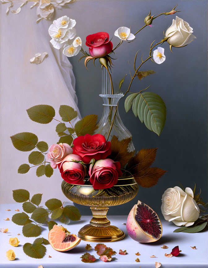 Gold vessel with red roses and various fruits and flowers on grey background