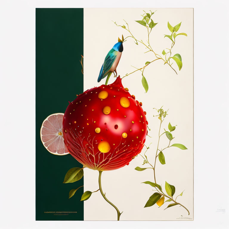 Colorful Bird Perched on Surreal Red Orb with Citrus Wedges on Branch