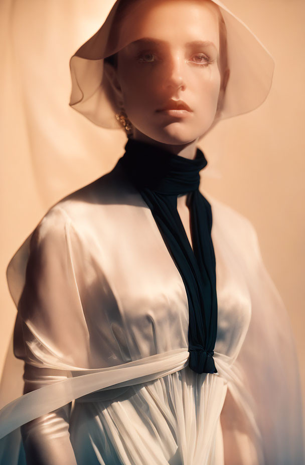 Woman in Translucent White Dress and Sheer Brimmed Hat with Black Scarf