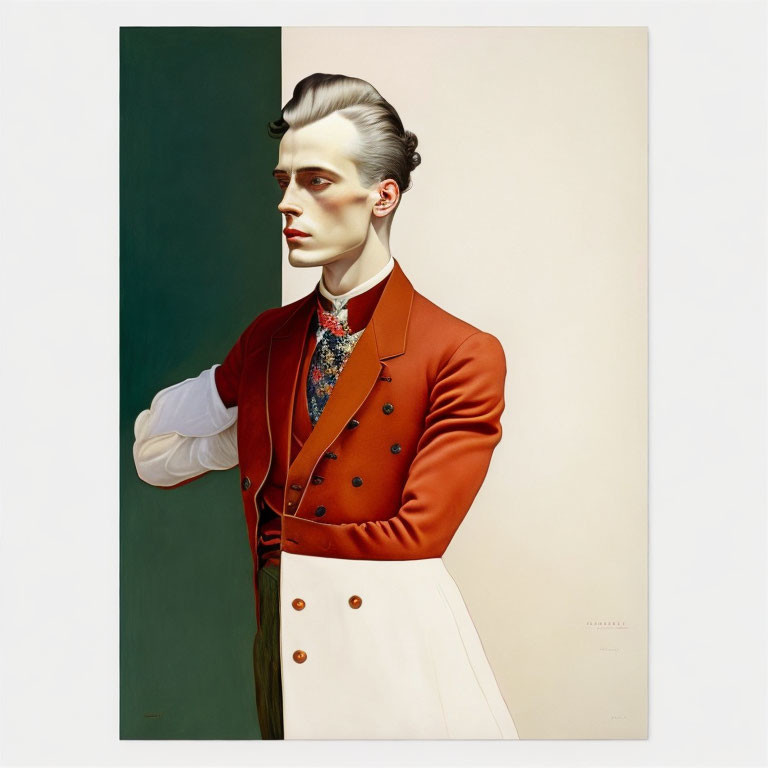 Stylized man portrait in red jacket on two-tone background