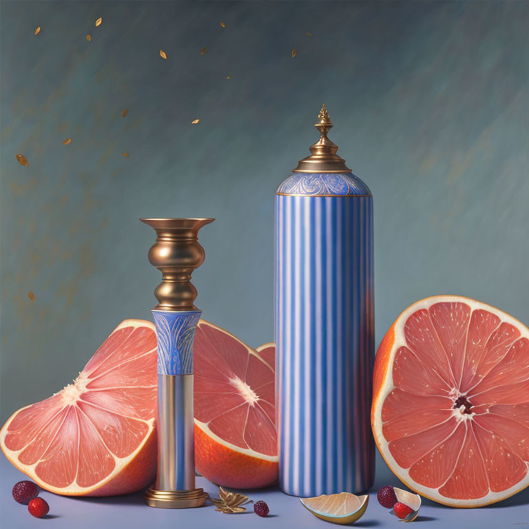 Blue and Gold Aerosol Can, Brass Candlestick, Grapefruits, Wedge, Berries