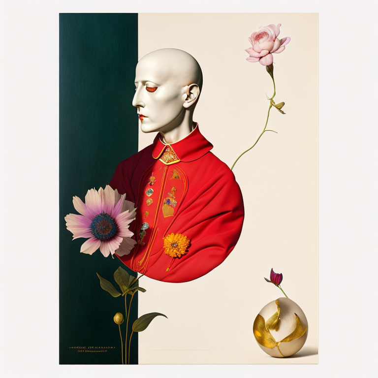 Surreal portrait featuring mannequin in red jacket, floral motifs, cracked golden egg, and