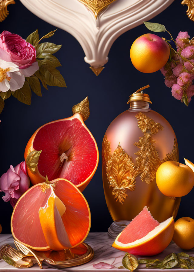 Golden vase with citrus fruits and flowers on dark background