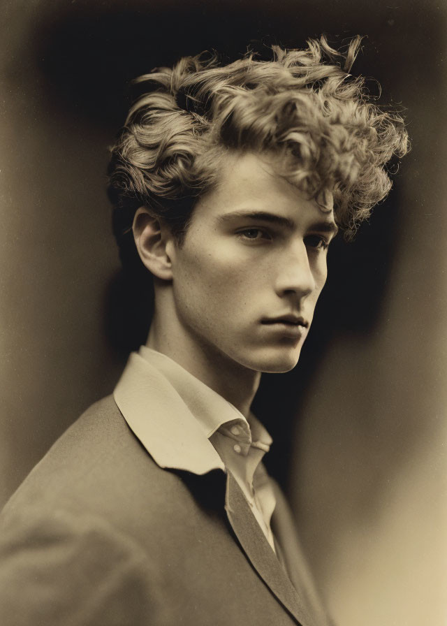 Sepia-Toned Portrait: Young Man with Curly Hair, Side Profile, Intently Looking,