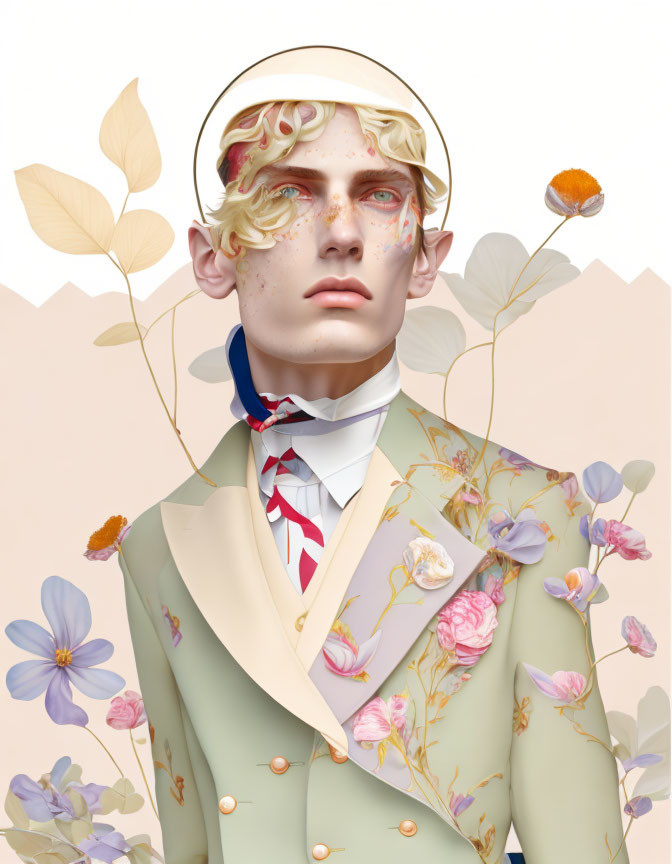 Stylized portrait with floral patterns and surreal artistic vibe