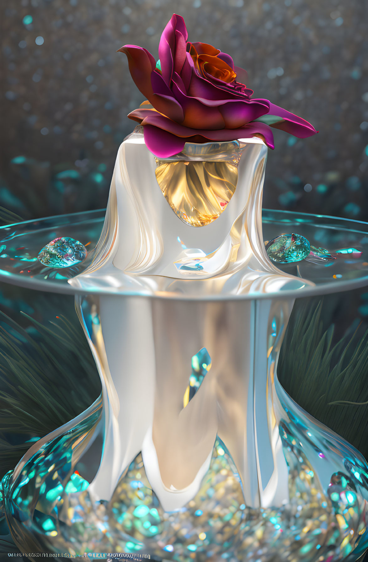 Colorful digital artwork of flower on pedestal with gemstones.