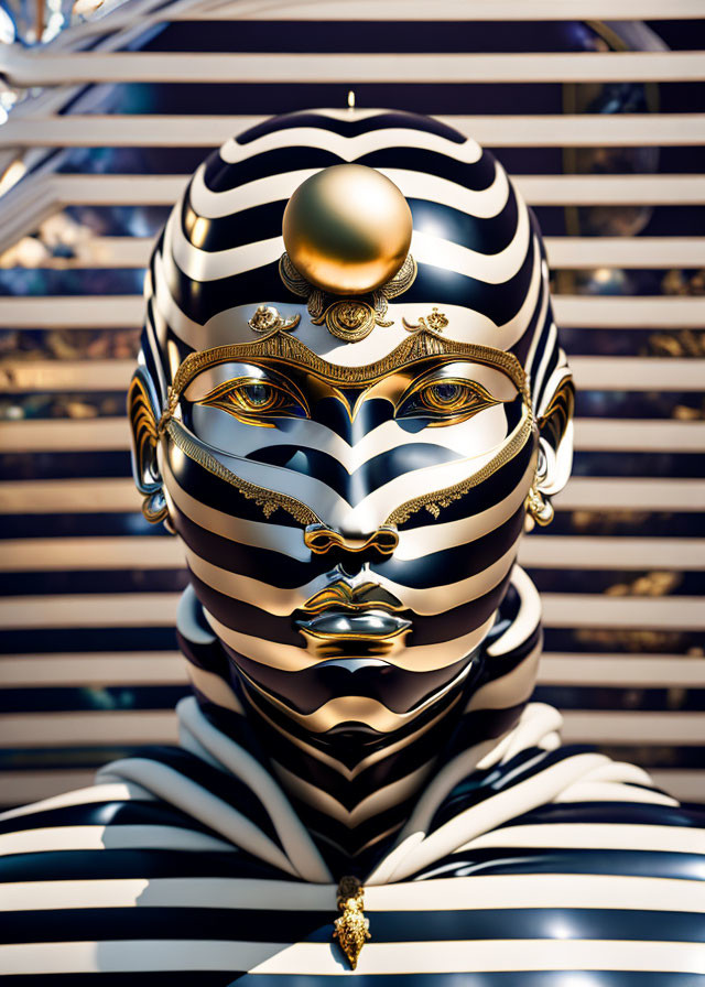 Futuristic bust with black and gold stripes and ornate face mask