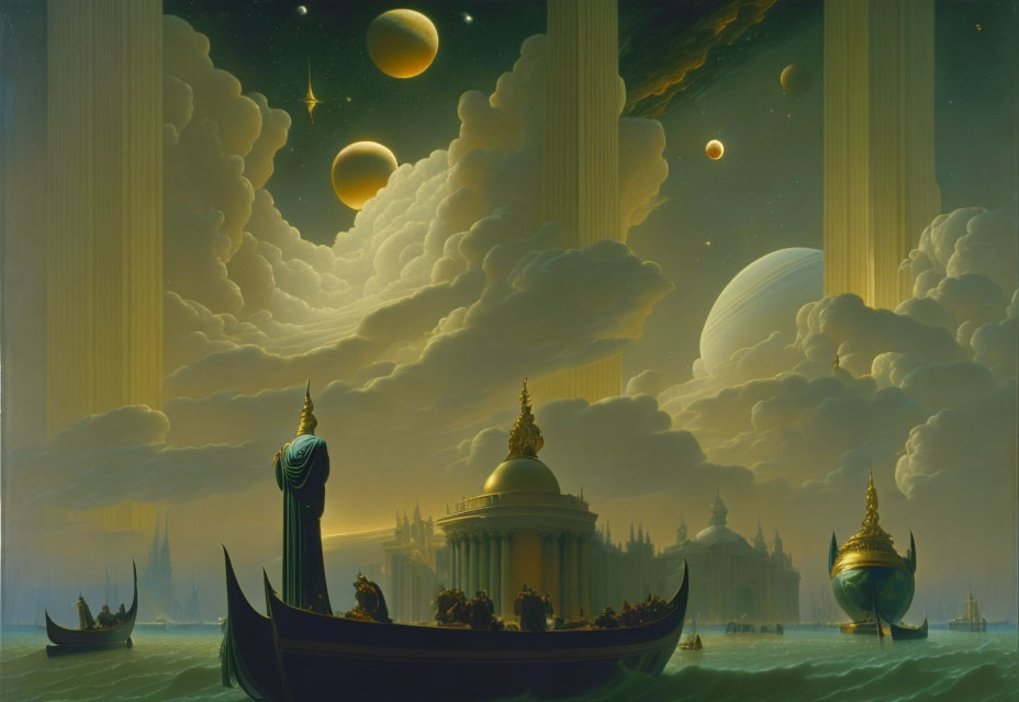 Fantastical landscape with ornate boats and celestial sky