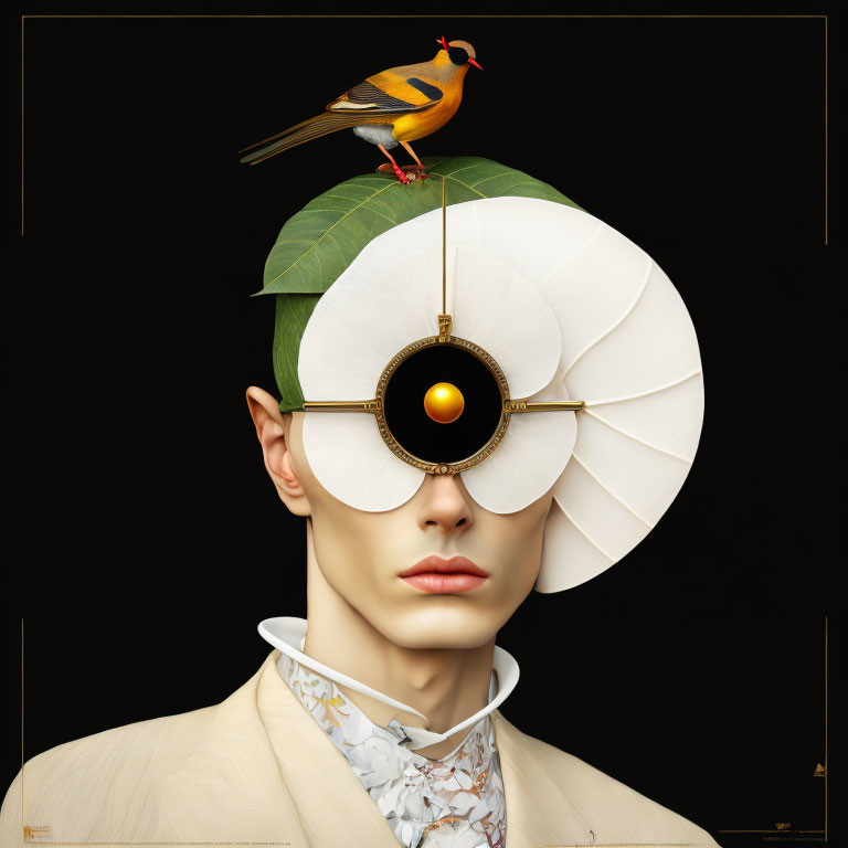 Male figure with white geometric headpiece, bird, and orange in surreal portrait