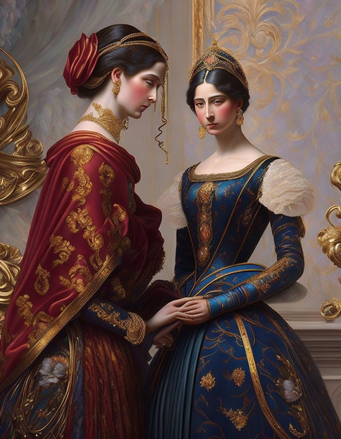 Two women in historical dresses and headpieces in red and blue against luxurious backdrop