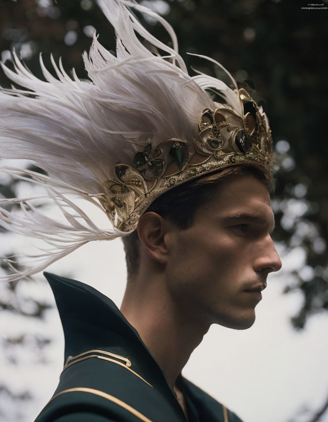 Person wearing decorative golden crown with white plumes against natural backdrop