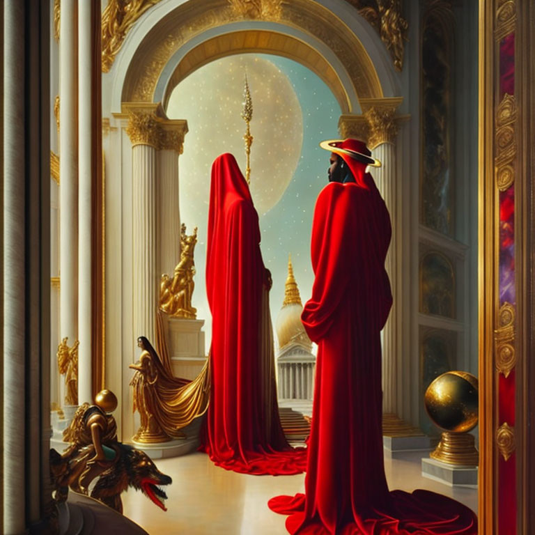 Two Figures in Red Cloaks Before Ornate Window with Crescent Moon