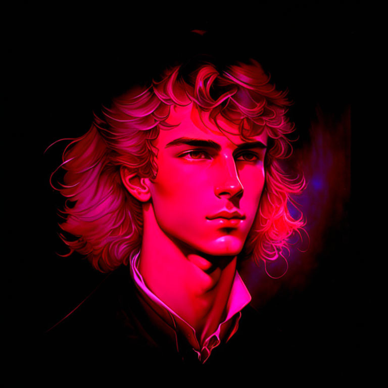 Colorful digital portrait of young man with curly hair in red and purple lighting