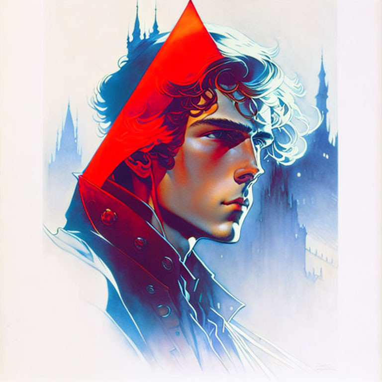 Vibrant red triangle frames young man in military-style jacket against blue fantasy castle.