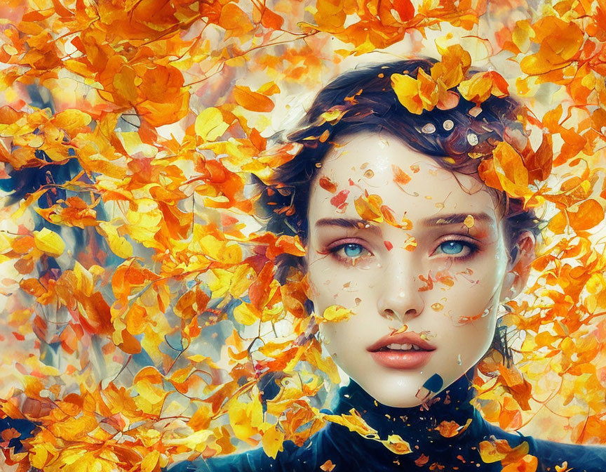 Digital painting: Woman with autumn leaves, luminous blue eyes