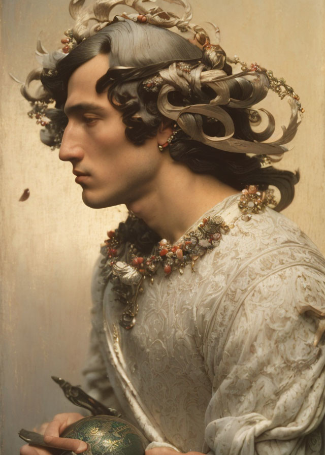 Elaborately adorned person with jeweled curls and ornate outfit holding embellished object