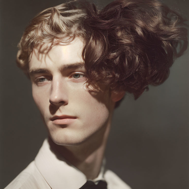 Young man with curly hair, green eyes, fair skin, white shirt, black tie, dramatic lighting