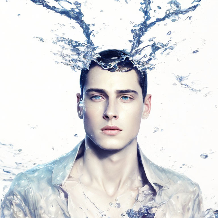 Person with Wet Hair and Blue Eyes Partially Submerged in Water