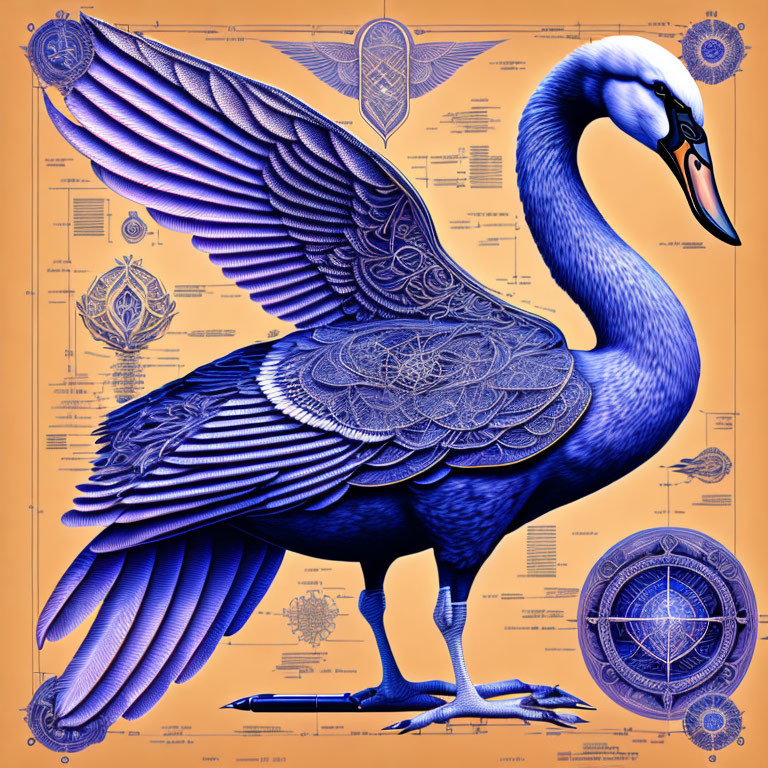 Swan digital artwork with geometric patterns on ornate orange background