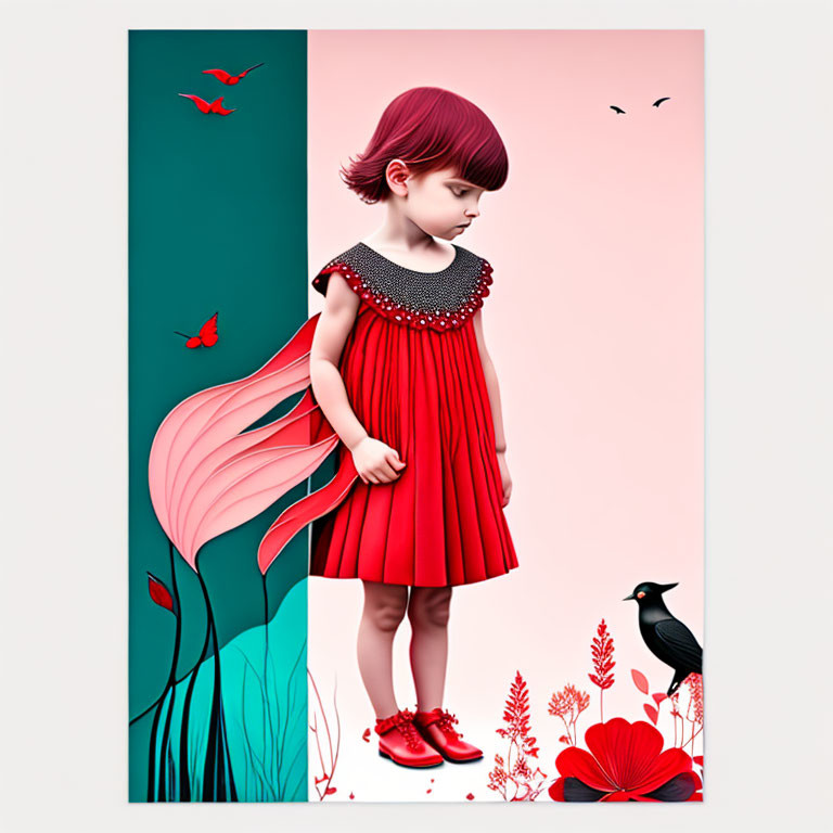 Stylized artwork of young girl in red dress with wing-like extensions, next to black bird,