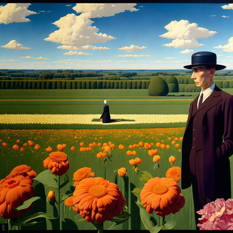 Surrealist painting of man in suit by orange flower field