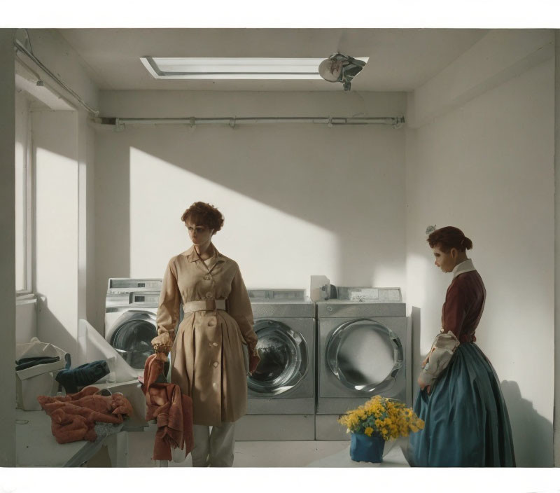 Vintage-dressed women in laundromat with skylight and washing machines